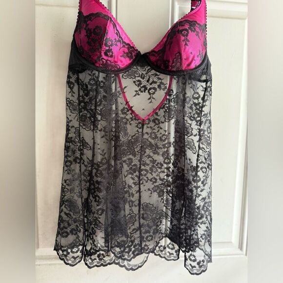 Sexy Sheer Black Lace & Hot Pink Lingerie Babydoll 36C New Without Tags - Picture 13 of 17